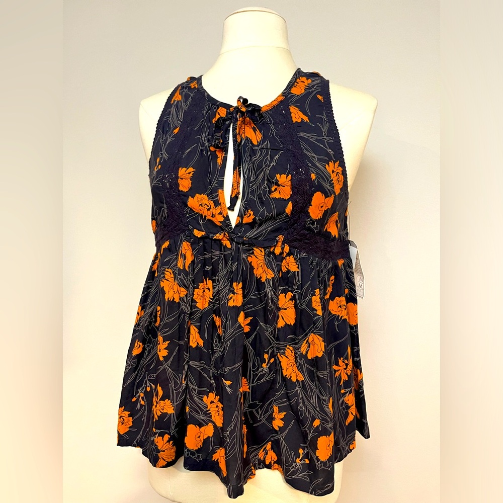 MELROSE & MARKET FLORAL PEPLUM TANK TOP | NAVY & ORANGE | TIE FRONT | NWT